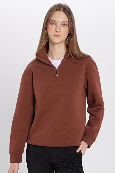 Tudors Unisex Relax Fit Rahat Kesim Pamuklu Içi Polarlı Yarım Fermuarlı Kahverengi Dik Yaka Sweatshirt