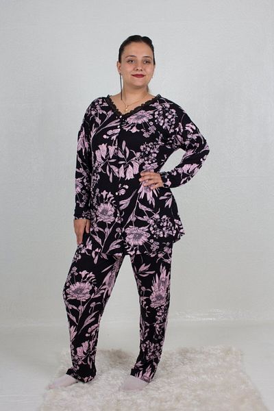 Truva XXL Plus Size Pajama Suit Buttoned Patterned Pajama Suit