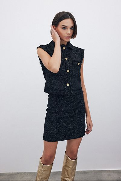 Sateen Fusta mini din tweed cu sclipici negre