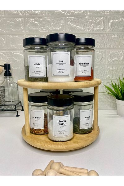MODA OZY 350ml Capacity Set of 10 - Storage Jar with Black Metal Lid, Swivel Stand, Glass Seasoning Rack and Spoon