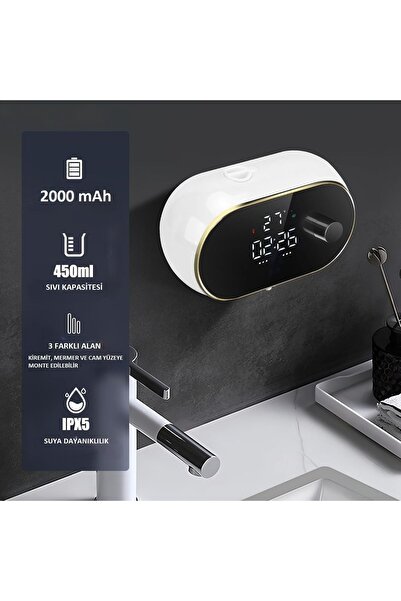 DUHALINE Modern Stil Duvara Monte USB Şarjlı LCD Dijital Ekran Otom. Temassız Sensörlü Köpük Sabunluk 450ml