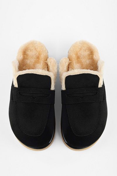 Shoeberry Women's Plush Black Suede Flat Slippers with Fur Inside