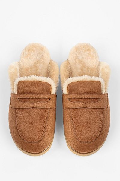 Shoeberry Women's Plush Tan Suede Flat Slippers with Fur Inside