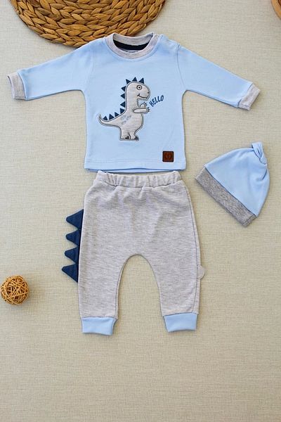 Skygo 3-6 6-9 9-12 Months Little Dino Embroidered Hat Long Sleeve Sweat 3 Piece Baby Girl-Boy Set