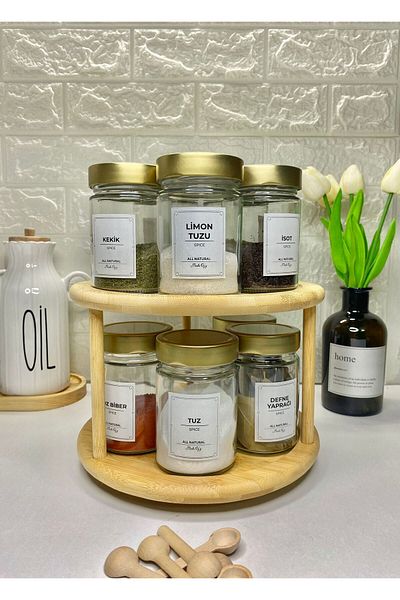 MODA OZY 10-Piece Gold Metal Lids - Glass Seasoning Rack Set with Swivel Stand and Spoon Storage Jar 350ml