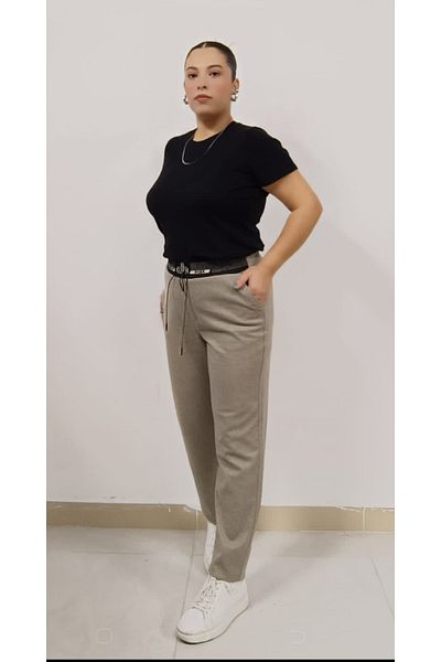 AKŞEN GİYİM Large Size Loose Lycra Winter Punto Stamp Fabric High Waist Elastic Waist And Lace-up Pants