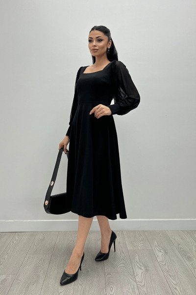 giyimmasalı Crepe Fabric Sleeves Tulle Detailed Midi Dress - BLACK