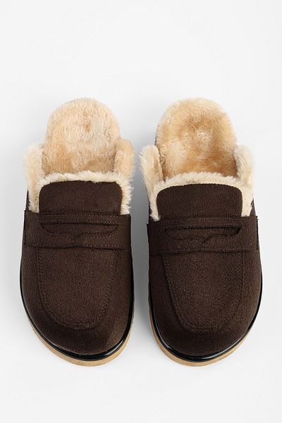 Shoeberry Дамски плюшени кафяви велурени чехли с косъм отвътре