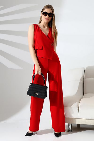 Planet Prestige Red Women's Sleeveless Double Breasted Lapel Button Detail Jumpsuit – Modern and Stylish Design