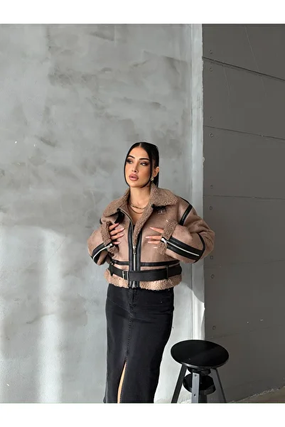 Ekim Store Belted Plush Collar Crop Suede Coat