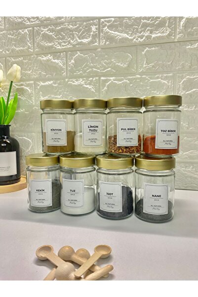 MODA OZY 12'li Gold Metal Kapaklı Etiketli Kaşıklı Baharat Saklama Kabı Cam Kavanoz 350ml