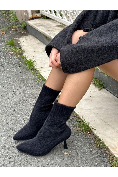 ERVANIN BUTİĞİ Women's Heeled Boots in Black Knitwear (Violet)