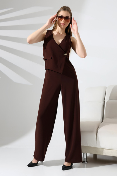 Planet Prestige Brown Green Women's Sleeveless Double Breasted Lapel Button Detail Jumpsuit – Modern and Stylish Design
