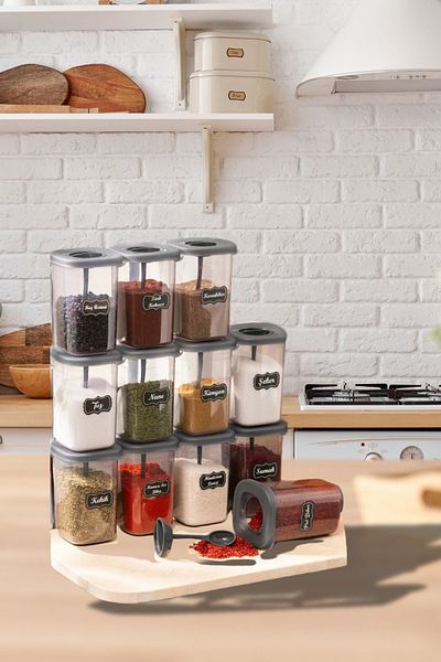 welcomein 12-Piece 450ml Labeled and Lockable Lid Self-Spoon Spice Jar Set - Label Gift