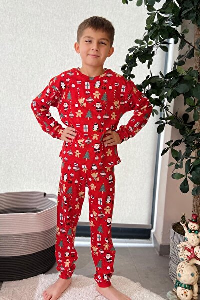 Minik Dolap New Year's Themed Unisex Children's Pajamas Set - 100% Cotton, Red