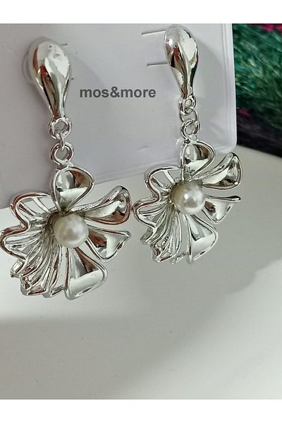mos&more Silver Color Pearls Large Dangle Stylish Flower Women's Earrings