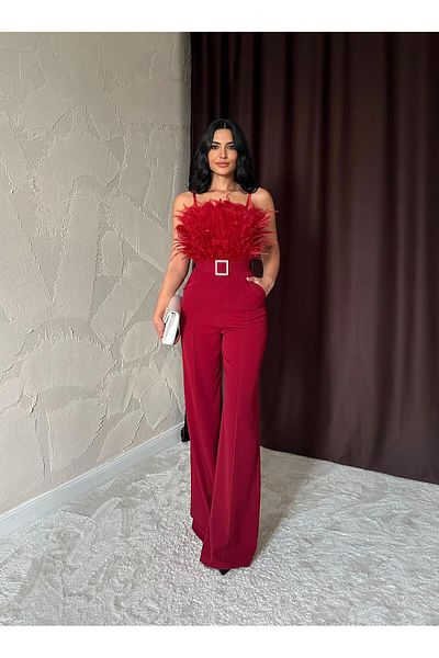 Afiş Butik Burgundy Otrish Detailed Belted Jumpsuit
