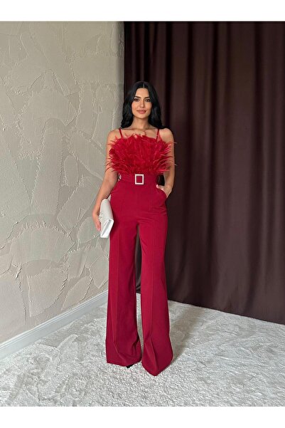 Afiş Butik Burgundy Otrish Detailed Belted Jumpsuit