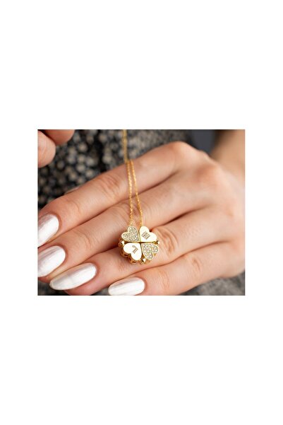 OGO SİLVER 925 Ayar Gold Zirkon Taşlı Açılan Yonca Gümüş Kolye