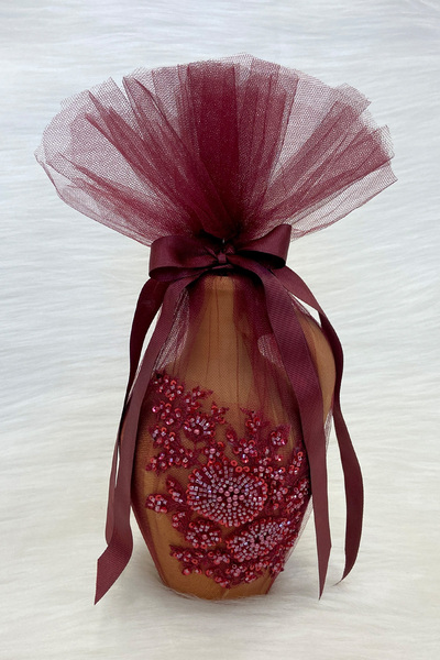 ZEYMERADE Vip Aplikli Bordo Testi, Süslü Gelin Kına Gecesi Testisi, Düğün Kına Küpü, Toprak Testi