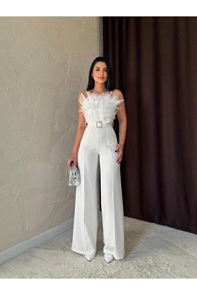 Afiş Butik White Otriş Detailed Belted Jumpsuit
