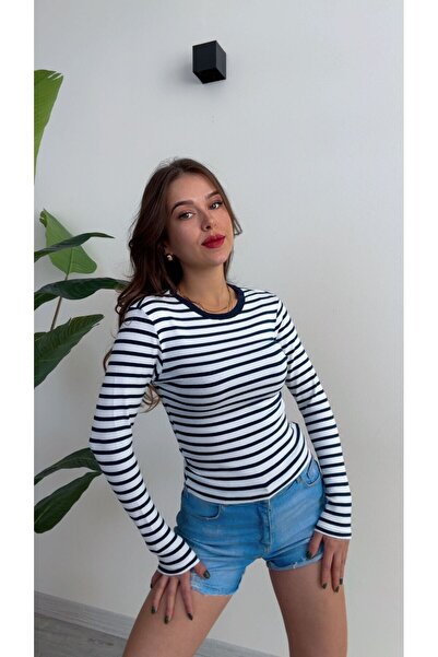 modadagiyim Çizgili Bisiklet Yaka Uzun Kol Likralı Bluz