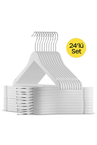 Home 24 Adet Beyaz Ahşap Görünümlü Plastik Askı Kıyafet Elbise Premium Amerikan Silver Kancalı
