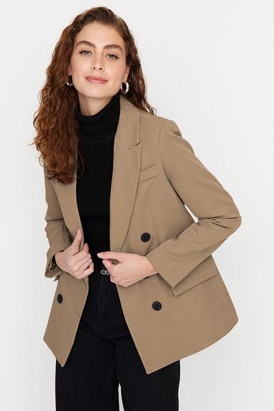 Trendyol Collection Creme Beige Oversize Gewebte Blazer Jacke TWOAW23BC00019