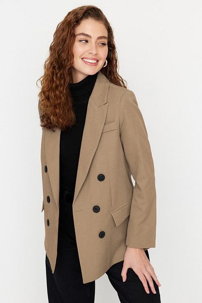 Trendyol Collection Creme Beige Oversize Gewebte Blazer Jacke TWOAW23BC00019