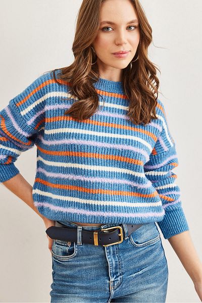 Olalook Indigo Striped Soft Knitwear Sweater - Beard Detail Kzk- 19000893