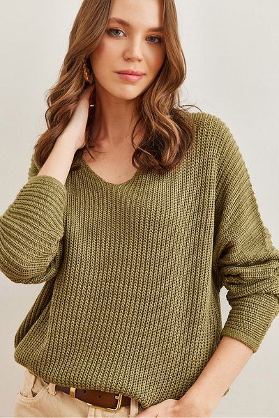 Olalook Light Khaki Oversize Knitwear Tunic - V-Neck, Thessaloniki Knit Tnk- 19000081