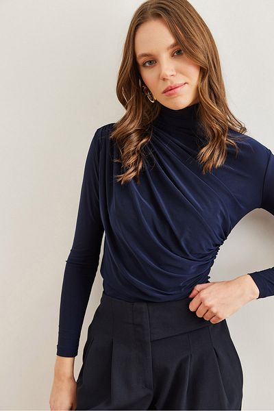 Olalook Γυναικεία μπλούζα Navy Blue Drape Λεπτομερής ντραπέ κομψή μπλούζα BLZ- 19002712