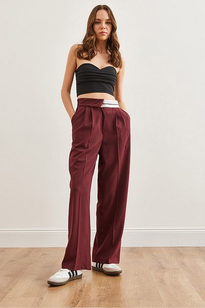 Olalook Burgundy Polyviscose Women's Trousers - Pockets and Pleats, Wide Leg Pnt- 19000303