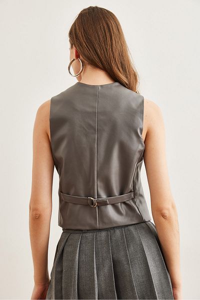 Olalook Grau gefütterte Fleto-Taschen-Kunstlederweste für Damen YLK- 19000045