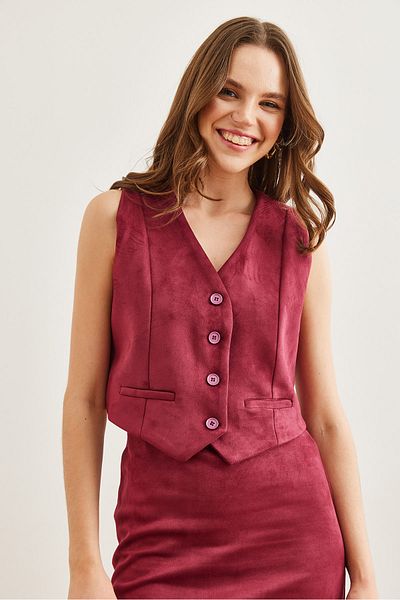 Olalook Vestă de damă din piele de căprioară, căptușită cu flanel, YLK- 19000049