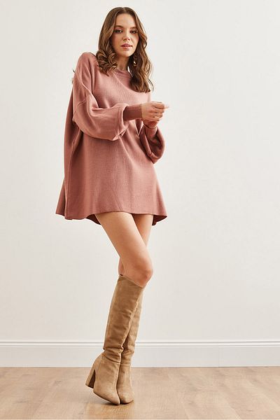 Olalook Γυναικείο φόρεμα με λαιμόκοψη Dusty Rose Crew, φαρδύ πλεκτό τουνίκ ELB- 19002301