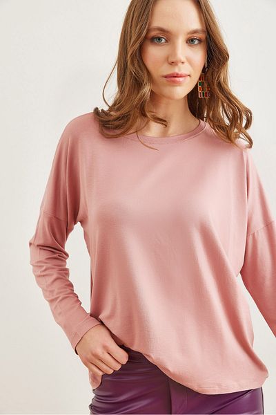 Olalook Damen Light Rose Dusty Fledermaus-Viskose-Bluse mit Rundhalsausschnitt BLZ- 19002588
