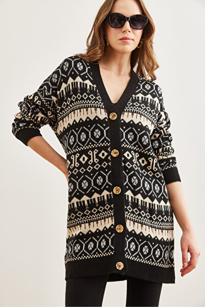 Olalook Kadın Siyah Etnik Desenli Oversize Triko Hırka HRK-19000300