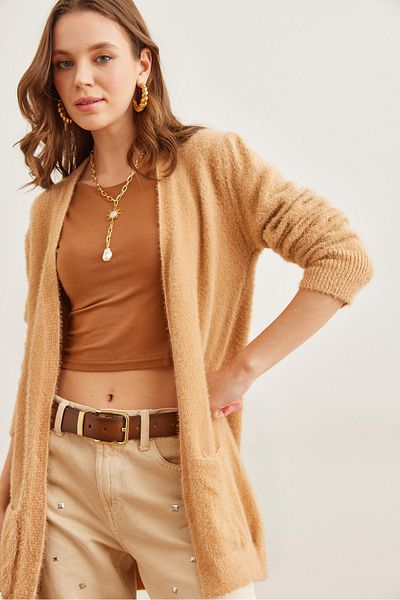 Olalook Damen-Cardigan aus weichem, strukturiertem Bart mit Kameltaschen HRK- 19000320