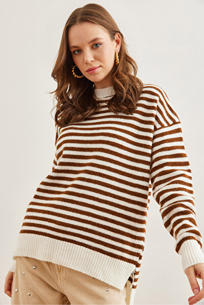 Olalook Жіночий гіркий коричневий напіврибалка смугастий светр з м'якою текстурою туніка з м'якою текстурою TNK19000100