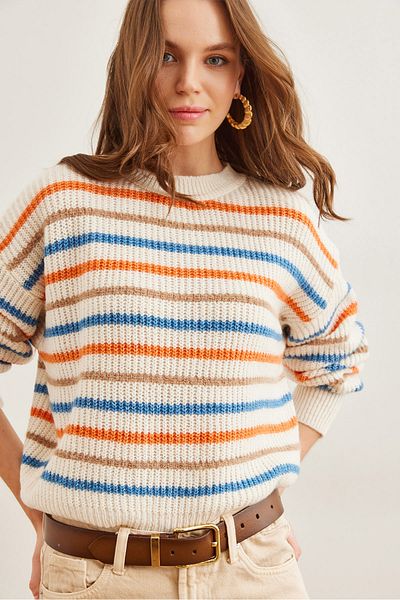 Olalook Women's Ecru Striped Beard Detail Soft Textured Knitwear Sweater Kzk- 19000893