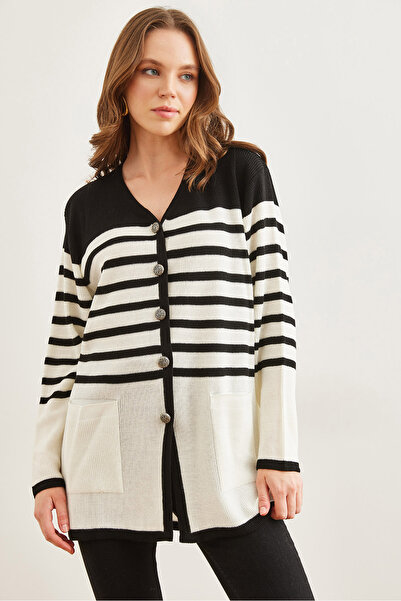 Olalook Women's Black Striped Metal Buttoned Knitwear Cardigan Hrk- 19000321