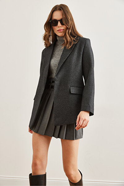 Olalook Dámská černá bunda s klopou do kapsy na jeden knoflík a vlněným efektem Ckt- 19000407