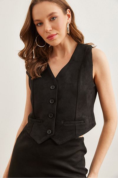 Olalook Schwarze gefütterte Fleto-Taschenweste aus Wildleder für Damen YLK- 19000049