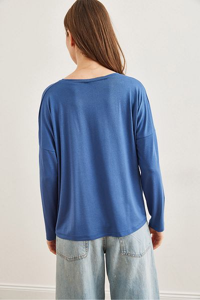 Olalook Indigo-Viskose-Bluse – Rundhalsausschnitt, Fledermausfliegen, BLZ- 19002588