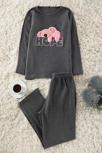 Edit by Trendyol Anthrazitfarbenes Cord-Pyjama-Set mit Tierstickerei – TEDAW25PT00013