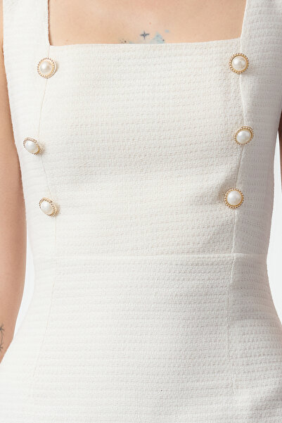 Edit by Trendyol Ecru Button Detailed Tweed Mini Woven Dress Tedaw25El00039