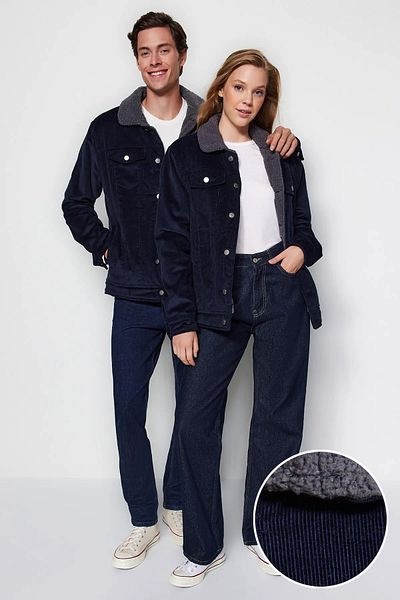 Trendyol Collection Unisex zimní bunda Navy Blue Velvet Regular Fit - TMNAW24MO00018