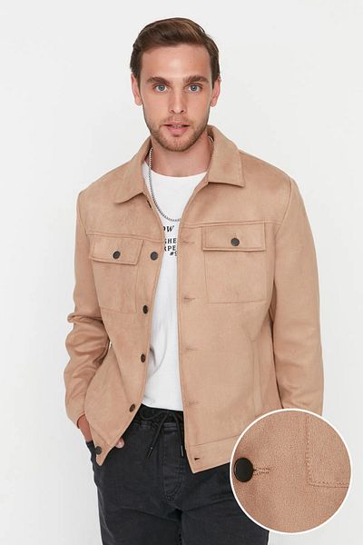 Trendyol Collection Saisonale Winter-Wildlederjacke – Tasche und Knopf, normale Passform TMNAW23MO00037