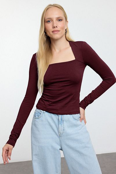 Trendyol Collection Bluză elastică din bumbac, cu guler pătrat, închis la culoare, roșu claret TWOAW24BZ00165